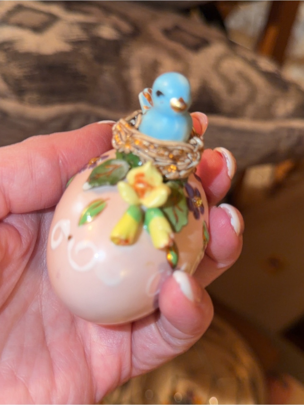 Hand-Painted Decorative Blue Bird on Pink Egg